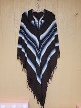 Cozy Shaw Cape Poncho Closed Aztec Design Fringed Brown &amp; Blue One Size - £35.57 GBP