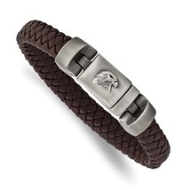 Antiqued Stainless Steel &amp; Brushed Eagle Head Brown Braided Leather Brac... - £77.52 GBP