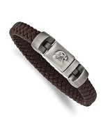 Antiqued Stainless Steel &amp; Brushed Eagle Head Brown Braided Leather Brac... - £79.12 GBP