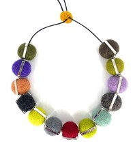 Colorful felt ball necklace, textile art wool necklace, silver coated frame bead - £66.88 GBP