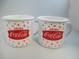 Coca-Cola Enamelware Mugs Coffee Cup Set of 2 White Arciform Stars Logo - £10.57 GBP