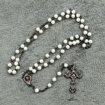 Vintage White Beaded Catholic Rosary Black Tone Metal Chain INRI  - $11.29