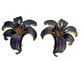 Vintage Purple Enamel lily earrings ￼ Gold Tone Clip On Cloisonné - £6.16 GBP