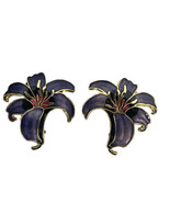 Vintage Purple Enamel lily earrings ￼ Gold Tone Clip On Cloisonné - £6.26 GBP