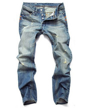 Mens Classic Straight Ripped Denim Jeans Button Fly Trousers Blue Wash - $371.27 MXN