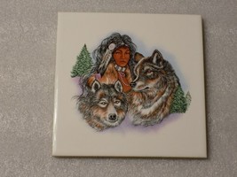 Native American Lady &amp; Wolves Print Ceramic Porcelain Art Tile Decor Wolf - $24.75