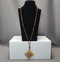 Mother of Pearl &amp; Lucite Simple Pendant Tan Leather Cord Necklace 30&quot; Adjustable - £12.56 GBP