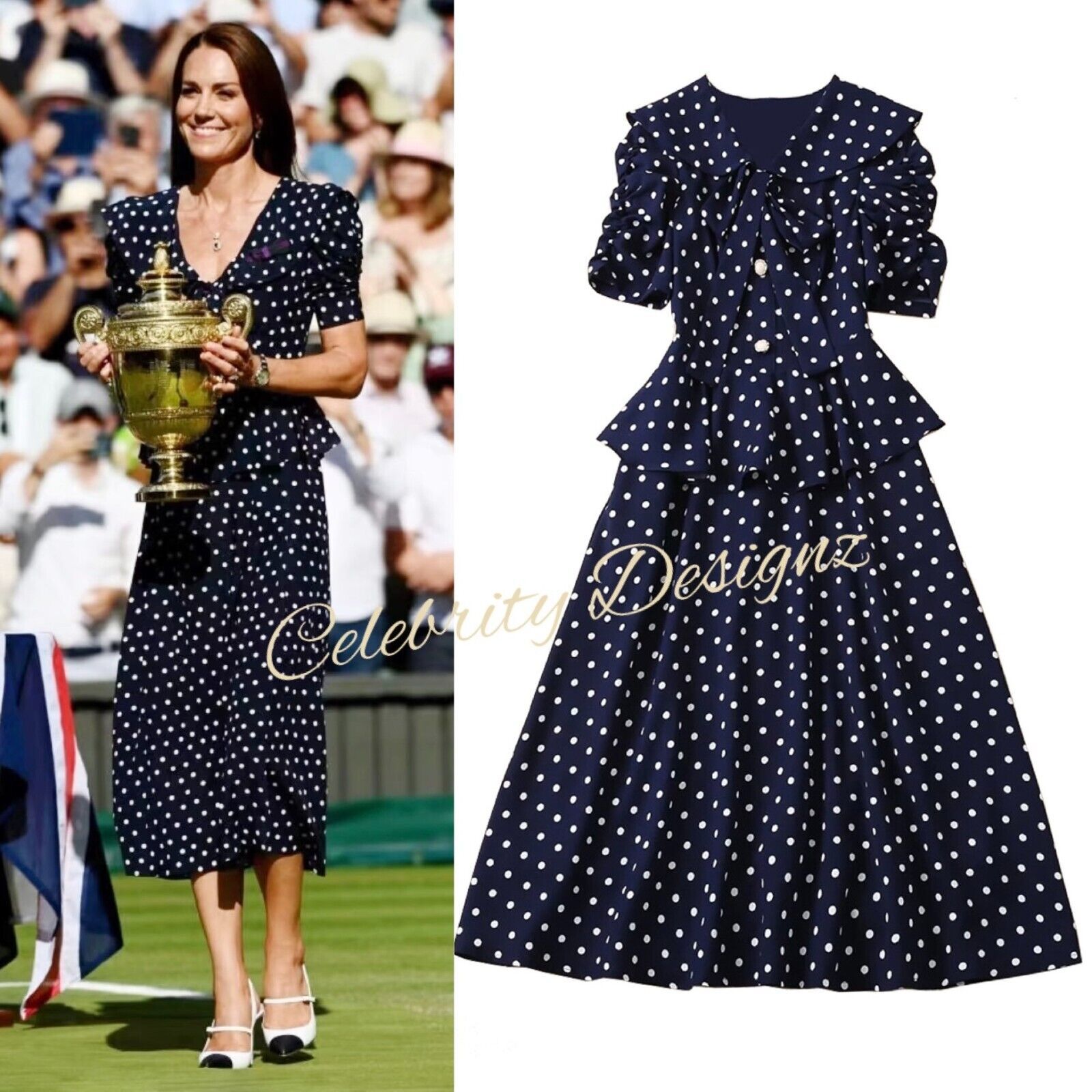 Kate Middleton Inspired Navy Polka Dot Puffed Sleeve Peplum Fit & Flare Dress OZ