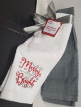Set Of 2 Different Embroidered Towels(14&quot;x24&quot;)CHRISTMAS,MERRY &amp; Bright &amp; Grey,Dg - £9.54 GBP