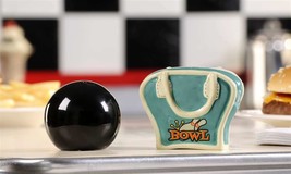 Bowling Salt and Pepper Shaker Set Ball & Bag Retroflections Ceramic 2.3" High