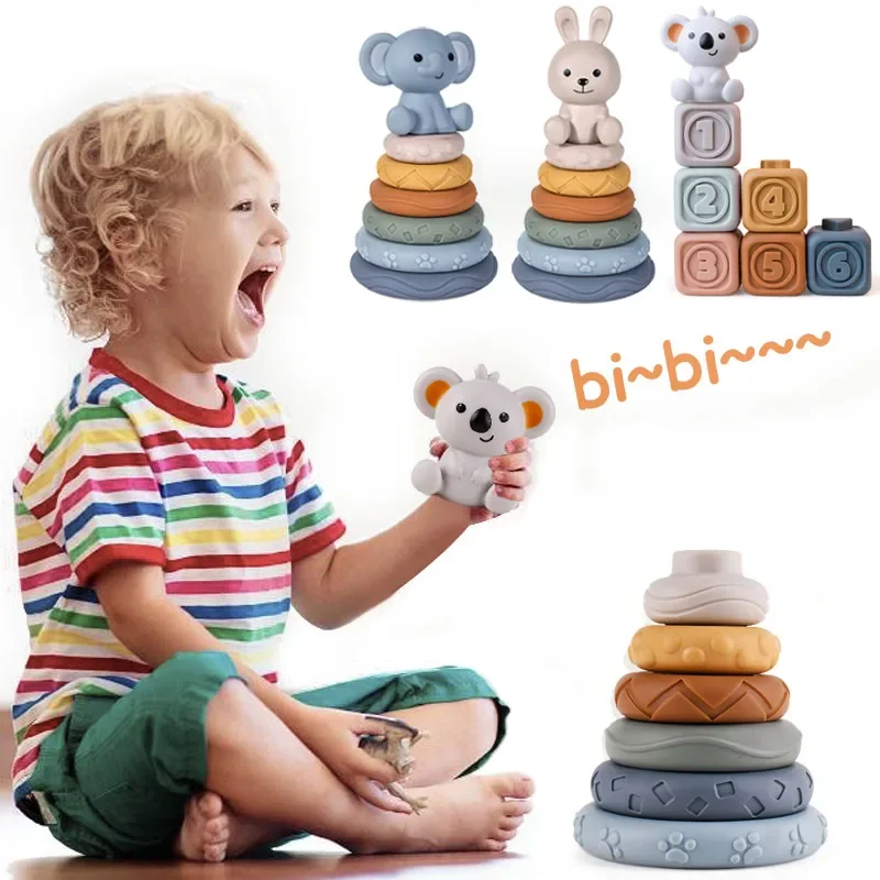 Baby Montessori Toys Silicone Koala Stack Building Blocks for Babies Squeeze - £11.23 GBP+