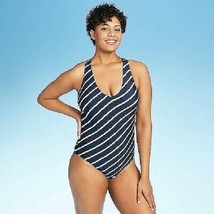 Women Slanted Medium Coverage One Piece Swimsuit Scoop Neck Navy Stripe Sz M NWT - £13.92 GBP