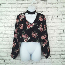 Charlotte Russe Womens Blouse Small Black Floral Cropped Long Sleeve Shirt - £12.78 GBP