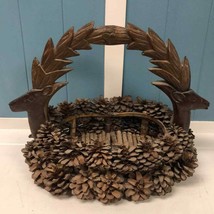 Vtg Handmade  Pine Cone &amp; Twig Basket With Carved deer antler handle 14”... - £68.15 GBP
