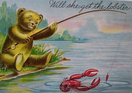 Will She Get The Lobster Brown Bear Fishing Fantasy Postcard Original Antique - £32.20 GBP