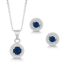 Sterling Silver Round Pendant and Earrings Set w/Chain - Navy Blue CZ - £52.01 GBP