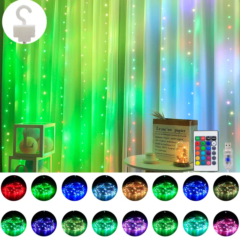 USB Power LED Remote Curtain Fairy Lights String 16 Colors RGB Gar New Year 2022 - £155.48 GBP