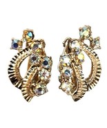 Vintage Gold-Tone Clip-On Earrings With Aurora Borealis Rhinestones 1&quot; x... - £18.49 GBP