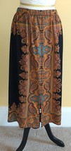 Vintage VERA MAXWELL ORIGINAL Ornate Black/Gold Pull On Skirt w/ Slit (6/M) - £19.27 GBP