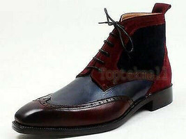 Handmade Men&#39;s Leather Suede Maroon &amp; Black Lace Up Brogue Ankle High Boots-636 - £225.03 GBP