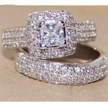 2CT Princess Simulated Diamond Halo Bridal Set Engagement Ring Sterling Silver - £110.44 GBP