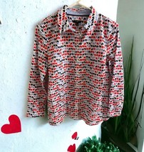 Talbots Womens White Blue Red Hearts Button Up Long Sleeve Size Medium Petite - £18.56 GBP