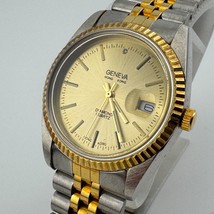 Vintage Geneva Quartz Watch Men Dual Tone Fluted Bezel Date Diamond New Battery - £22.02 GBP