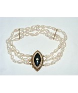 Vintage 14K Gold 3 Strand Baroque Pearl Bracelet Large Navette Onyx Clas... - £223.52 GBP