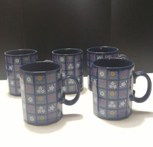 Lot of 5 Otagiri Floral Patchwork Coffee Mug Tea Cup Blue 12 Sided Stoneware - $32.71