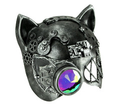 Steamkpunk Cat Robot Kitty Halloween Mask with Light Refraction Monocle, Silver - £23.73 GBP