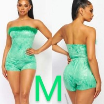 Green Fur Detailed Crocodile &amp; Snakeskin Fabric Romper~ Size M - $31.79