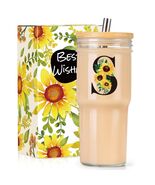 Personalized Initial Glass Cup 24oz Tumbler with Lid Straw Sunflower S - $260.94 MXN