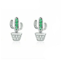 14K White Gold Plated Green &amp; White Cubic Zirconia Cactus Stud Earrings Silver - £29.54 GBP