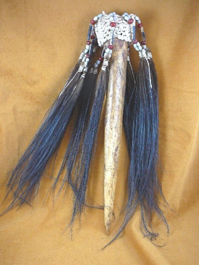 Primary image for (W-1d) vintage 15" ceremonial Cassowary bird leg bone tribal dagger feathers