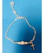 Children&#39;s Glass Pearl Bracelet with Cross Charm  7&quot; Adjustable, New #GF... - €10,27 EUR