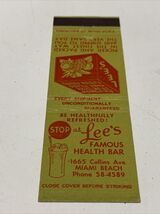 Rare Front Strike Matchbook Cover Lee’s Famous Health Bar Miami Beach FL... - $9.90
