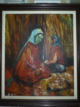 Vintage Cubism Oil Painting, Bedouin Women in Market, Signed E. ENOS, 64... - $207.00