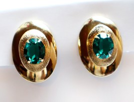 Large Vintage Bergere Clip On Earrings Gold Tone Oval 12mm Green Faceted... - £29.72 GBP