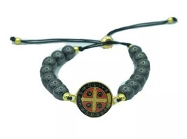 Black Beads St Benedict Bracelet, Catholic Saint Medal Adjustable San Benito Cru - £11.07 GBP