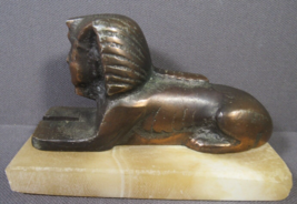 Bronze Figurine Statue Sphinx on Golden Marble Egyptian Decor 5&quot; x 2.5&quot; - £24.40 GBP