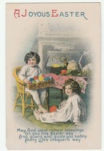 Vintage Postcard A Joyous Easter Children Hold Basket of Eggs by Table Unused - £7.90 GBP