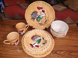14 Piece Tabletops Gallery Hand Painted Collection Rooster LE FLEUR Dinnerware - $64.35