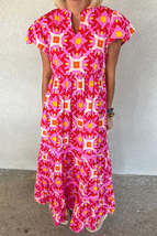 Strawberry Pink Abstract Print Pleated Flounce Sleeve Maxi Dress - £29.30 GBP