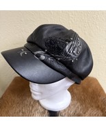 Harley Davidson Woman&#39;s Large Black Leather Hat Cap Newsboy Embroidered ... - $38.57