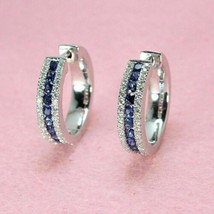 2.20 Ct Simulated Blue Sapphire Diamond Huggie Hoop Earrings Sterling Silver - £48.13 GBP