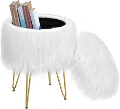 Greenstell Storage Ottoman With Round Faux Fur Storage, Soft, Bedroom Wh... - £35.04 GBP