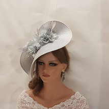 SILVER Grey Hat fascinator large saucer hatinator long Quil Floral Church Derby  - £77.35 GBP