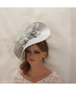 SILVER Grey Hat fascinator large saucer hatinator long Quil Floral Churc... - £76.30 GBP