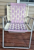 Vintage Macrame Woven Yarn Folding Aluminum Lawn Chair Lavender Purple Boho - £47.44 GBP