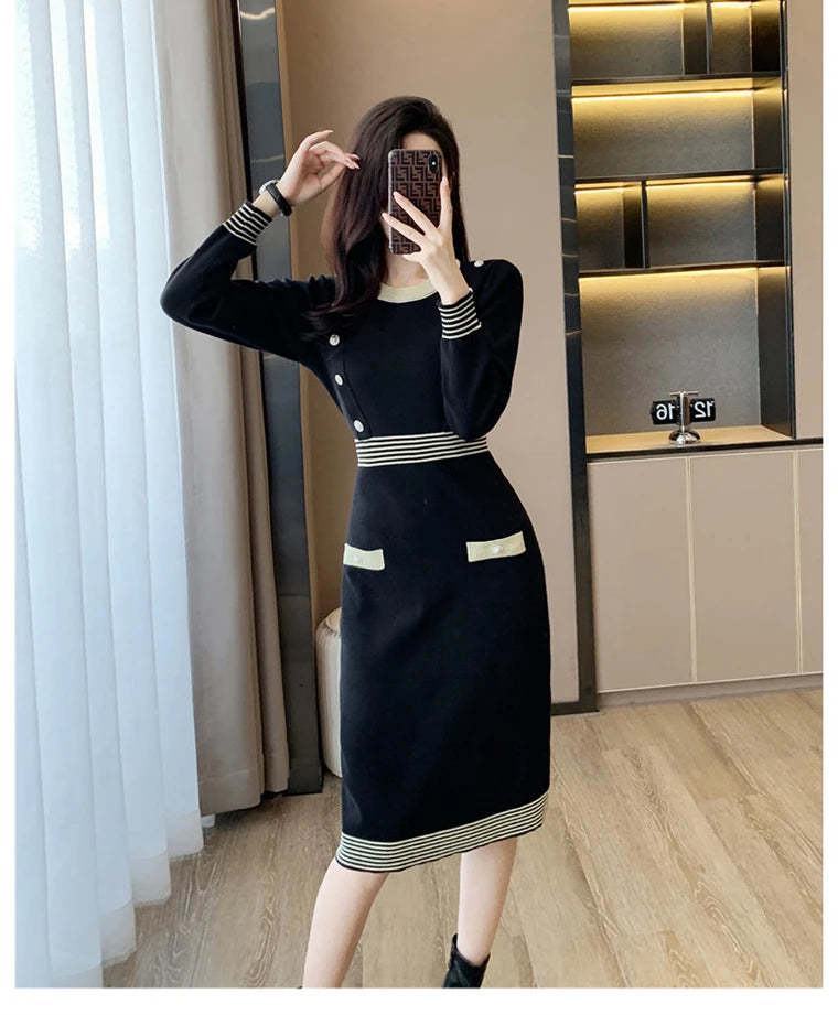 Primary image for 2023 Autumn Winter Korean Colorblocked Long Sleeve Pencil Dress